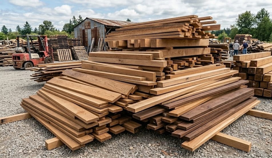 Variety of reclaimed lumber boards and planks stacked at Norfolk Lumber yard