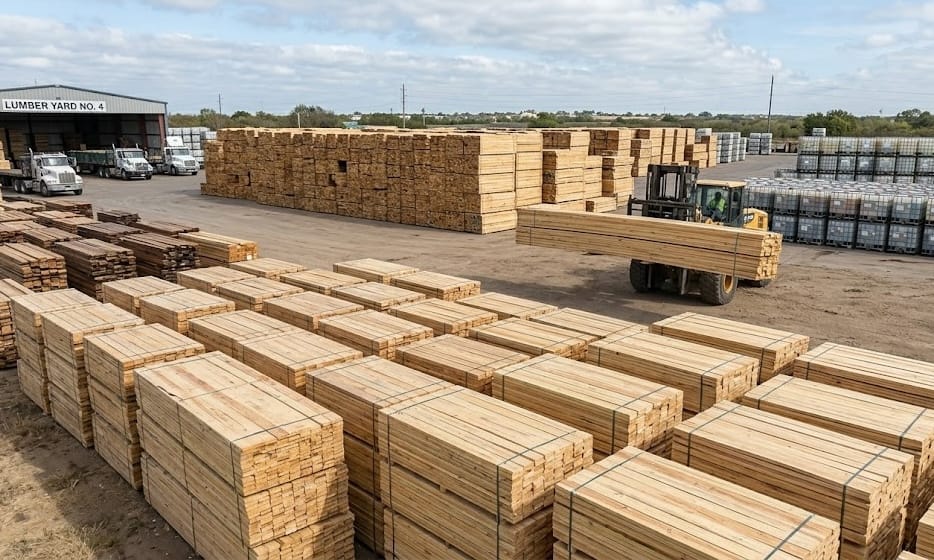 Norfolk Lumber yard with thousands of stacked lumber bundles and forklift operations
