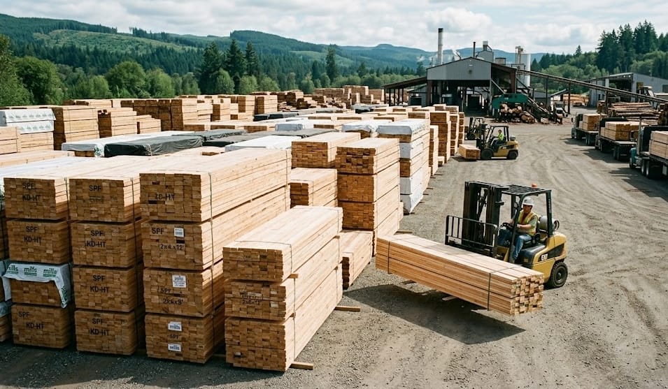 Aerial view of Norfolk Lumber yard with pallets of reclaimed wood and forklift